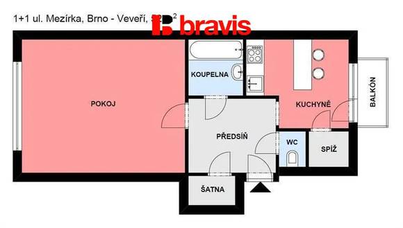 Pronájem bytu 1+1, Brno - centrum, ul. Mezírka, spíž, šatna, částečně zařízený