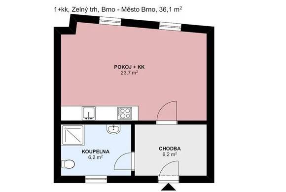 Pronájem nového bytu 1+kk v srdci Brna, Zelný Trh