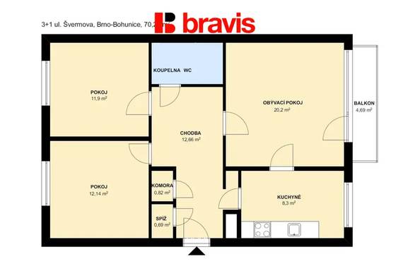 Pronájem bytu 3+1, Brno - Bohunice, ul. Švermova, lodžie, zařízený, klimatizace