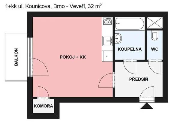 Pronájem bytu 1+kk, Brno - střed, ul. Kounicova, částečně zařízený, balkon