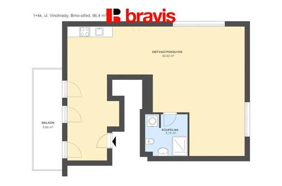 Pronájem prostorného bytu 1+kk , 66,4m2, ulice Vinohrady , Brno - Štýřice, terasa 10m2