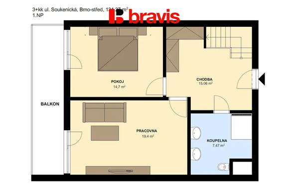 Pronájem luxusního mezonetového bytu 3+kk, ul. Soukenická, Brno - Staré Brno, vybavený, balkon, terasa, vířivka, 2x parkování