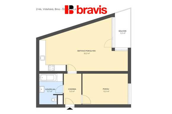 Pronájem bytu 2+kk, ulice Vídeňská, Brno - Štýřice, lodžie 5m2