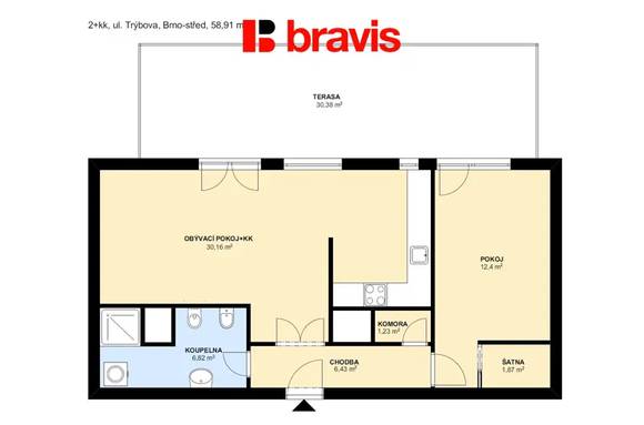 Prodej bytu 2+kk, ulice Trýbova, Brno - Staré Brno, terasa, sklep, garážové parkovací stání