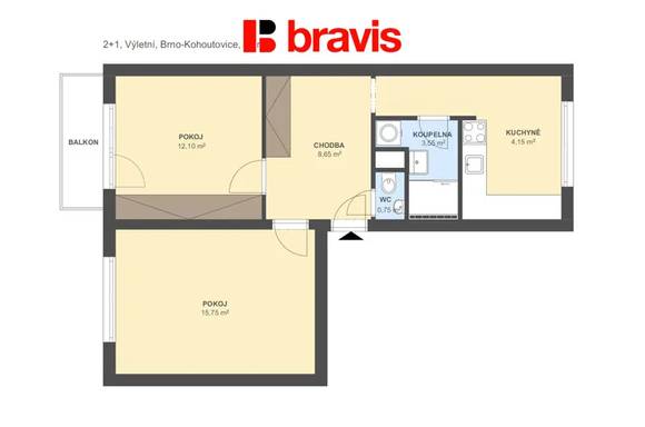 Pronájem bytu 2+, Brno - Kohoutovice, ul. Výletní, balkon, po rekonstrukci