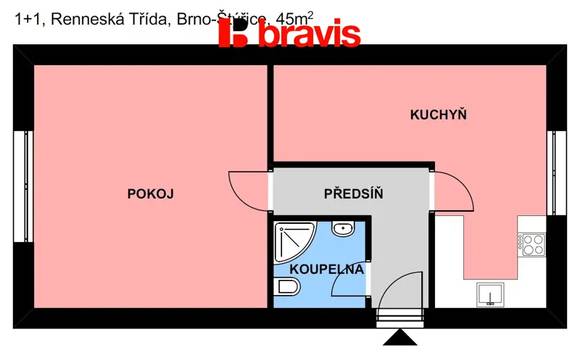 Pronájem bytu 1+1, Brno - Štýřice, ul. Renneská třída, zařízený, v blízkosti Spielberk Office Centre