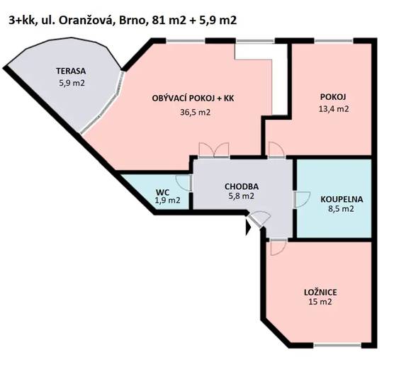 Pronájem bytu 3+kk, Brno - Řečkovice, ulice Oranžová, terasa