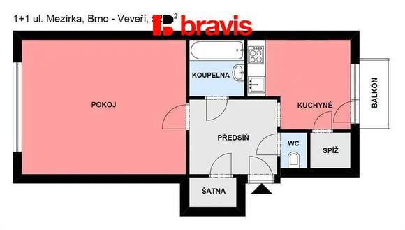 Pronájem bytu 1+1, Brno - střed, ul. Mezírka, balkon, šatna, částečně zařízený