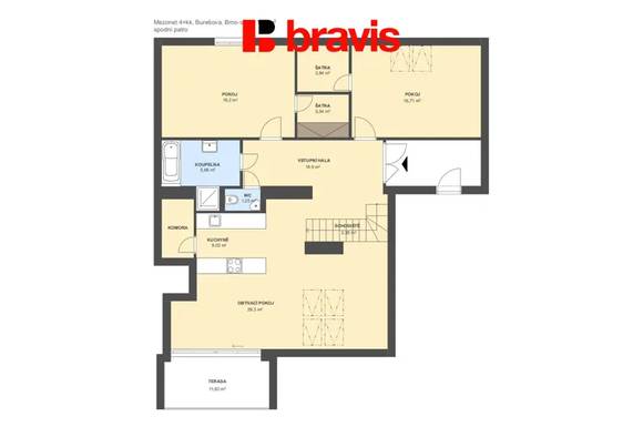 Prodej mezonetového bytu 4+kk, ul. Burešova, Brno - Veveří, terasa, sklep