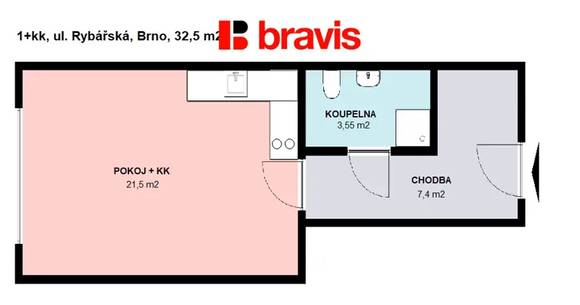 Pronájem velmi pěkného bytu 1+kk, Brno - Staré Brno, ul. Rybářská, nezařízený