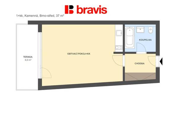 Pronájem bytu 1+kk, ul. Kamenná, Brno - Štýřice, terasa, zařízený