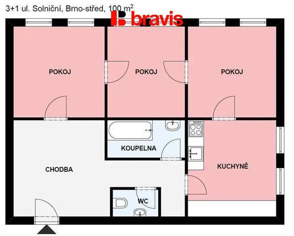 Pronájem prostorného bytu 3+1, ulice Solniční, Brno - centrum, zařízený.