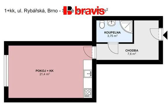 Pronájem velmi pěkného bytu 1+kk, Brno - Staré Brno, ul. Rybářská, nezařízený