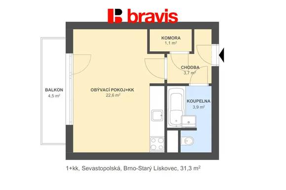 Prodej bytu 1+kk k rekonstrukci, ul. Sevastopolská, Brno - Starý Lískovec, balkon, sklep