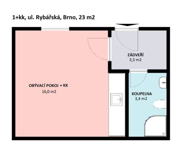 Pronájem bytu 1+kk, Brno - Staré Brno, ul. Rybářská, nezařízený, bezproblémové parkování
