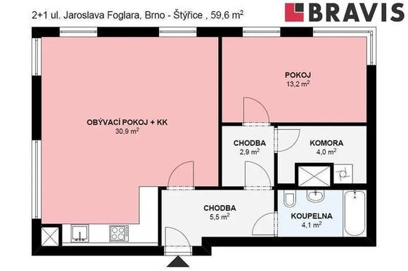 Pronájem bytu 2+kk, 59,6m2, ul. Jaroslava Foglara, Brno - Štýřice, klimatizace, zařízený, garážové stání