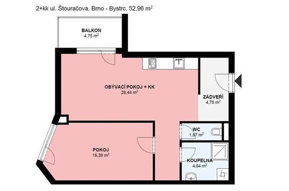 Pronájem bytu 2+kk, Brno - Bystrc, Adamcova ulice, balkon, sklep, novostavba