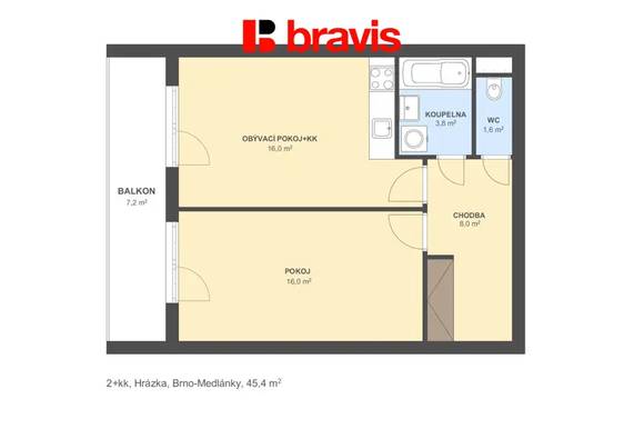 Pronájem bytu 2+kk, ul. Hrázka, Brno - Medlánky, balkon, zařízený