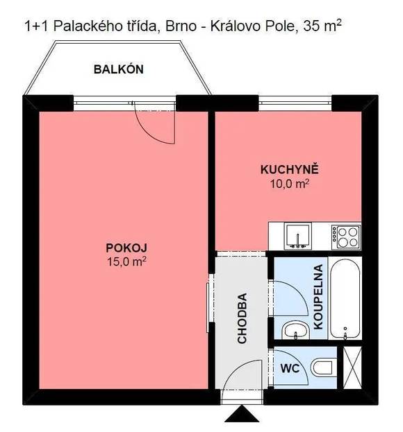 Pronájem bytu 1+1, Brno - Královo Pole, kompletně zařízený, balkon