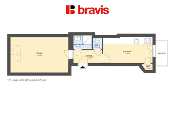 Pronájem bytu 1+1 37 m², ul. Jana Uhra, Brno - Veveří, balkon, výborná dostupnost