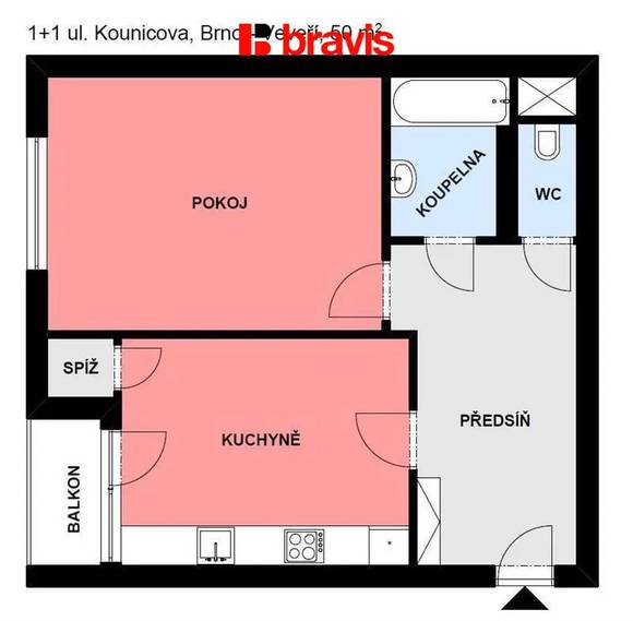 Pronájem bytu 1+1, Brno - střed, ul. Kounicova, balkon, částečně zařízený