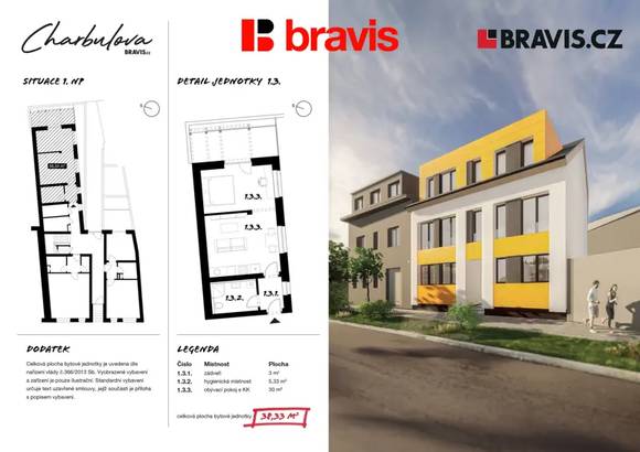 Prodej novostavby bytu 1+kk, ulice Charbulova, Brno - Černovice, parkování