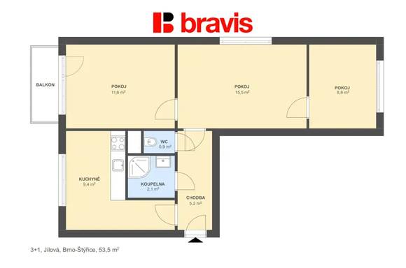 Prodej bytu 3+1, Brno - Štýřice, ul. Jílová, balkon, sklep, dobrá dostupnost