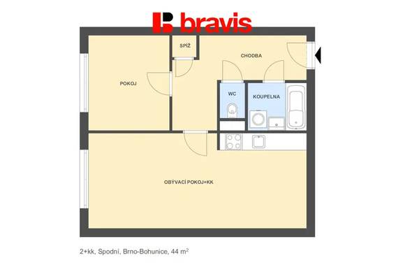 Pronájem bytu 2+kk, Brno - Bohunice, ul. Spodní, částečně zařízené