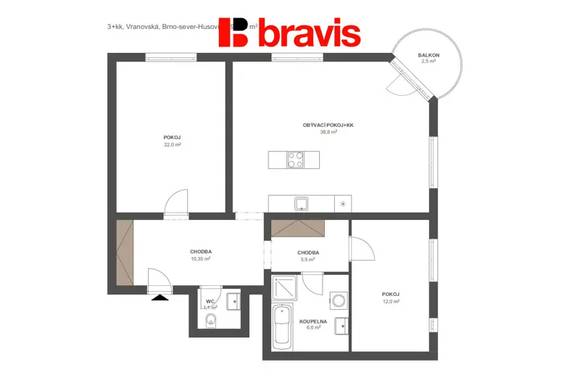 Sale of renovated 3+kk apartment, ul. Vranovská, Brno - Husovice, balcony, cellar