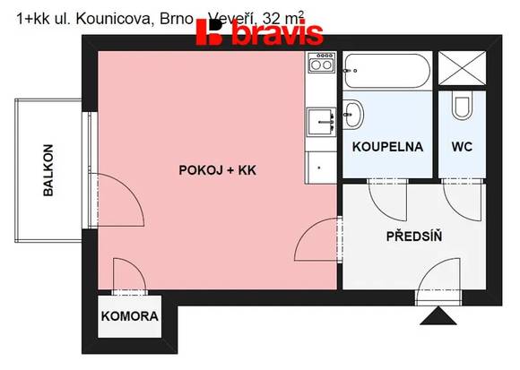 Pronájem bytu 1+kk, Brno - střed, ul. Kounicova, částečně zařízený, balkon, komora, výhled na hrad Špilberk
