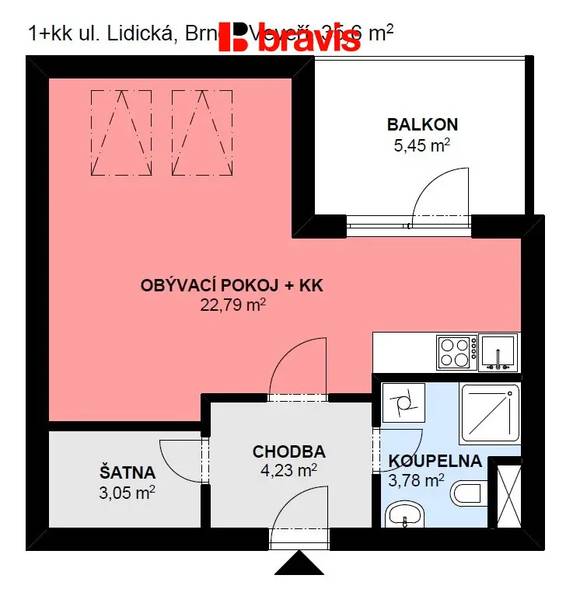 Rent flat 1+KK, Lidická str., Brno - střed, furnished, terrace, cellar