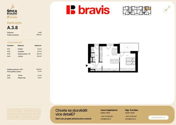 Prodej moderní, nízkoenergetické novostavby, byt č. A.3.8, 2+kk, 53,8 m², Tuřany, sklep, parkování v ceně!