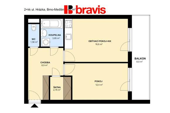 Pronájem bytu 2+kk, Brno - Medlánky, ulice Hrázka, balkon, garážové stání, sklep, klidná lokalita