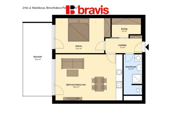 Pronájem nadstandardního bytu 2+kk, ulice Menšíkova, Brno - Sadová, novostavba, terasa, sklep, šatna, parkovací stání
