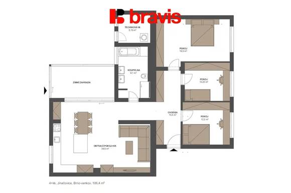 Pronájem moderního bytu 4+kk, obec Jinačovice, Brno- venkov, 3x parkování, zimní terasa