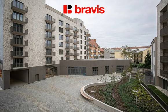 Pronájem novostavby 2+kk, Brno - Zábrdovice, ul. Bratislavská, Pekárenský Dvůr, balkon, sklep, garážové stání