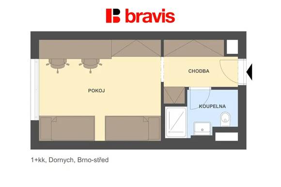 Pronájem moderního zařízeného 1+kk 24 m², Brno - Trnitá, Dornych, neplatíte provizi