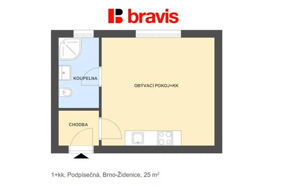 Pronájem pěkného zařízeného bytu 1+kk, 25 m2, Brno - Židenice, ul. Podpísečná