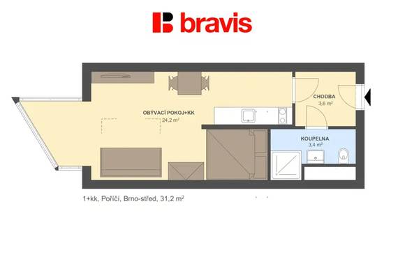 Pronájem bytu 1+kk, Brno - Pisárky, rezidence Riverside, novostavba, částečně zařízené, ul. Poříčí