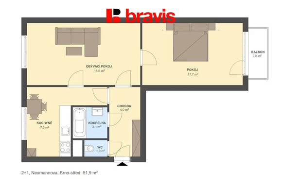 Prodej bytu 2+1, 52 m2, lodžie, 2x sklep, ul.Neumannova, Brno - Pisárky.