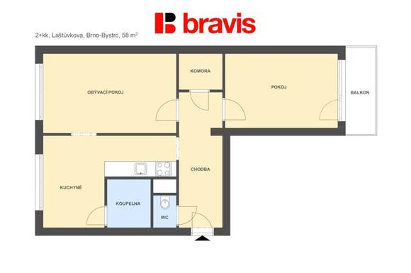 Pronájem bytu 2+kk, ulice Laštůvkova, Brno - Bystrc, klidná lokalita, balkon