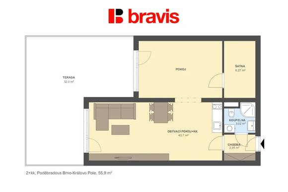 Pronájem bytu 2+kk, Brno - Královo Pole, ul. Poděbradova, částečně zařízený, parkování