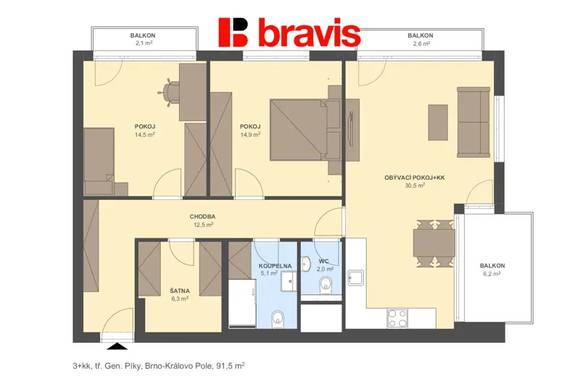 Pronájem novostavby 3+kk, Brno - Černá Pole, třída Generála Píky, 2 garážová stání, sklep