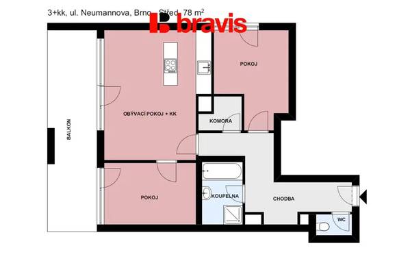 Pronájem luxusní novostavby bytu 3+kk, ul. Neumannova, Brno-Masarykova čtvrť, balkon, garážové stání