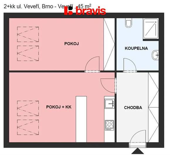 Pronájem bytu 2+kk, ul. Veveří, Brno - Veveří, klimatizace, střed města, klidný vnitroblok
