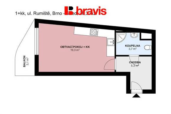 Pronájem  bytu 1+kk, ulice Rumiště, Brno - Trnitá, zařízený, balkón