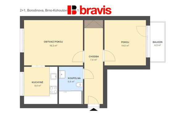 Pronájem bytu 2+1, Brno - Kohoutovice, ulice Borodinova, zařízený, balkon, sklep