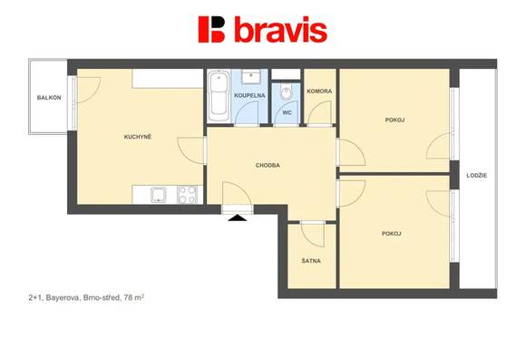 Pronájem bytu 2+1,Brno - Veveří, ul.Bayerova, lodžie, balkon, šatna