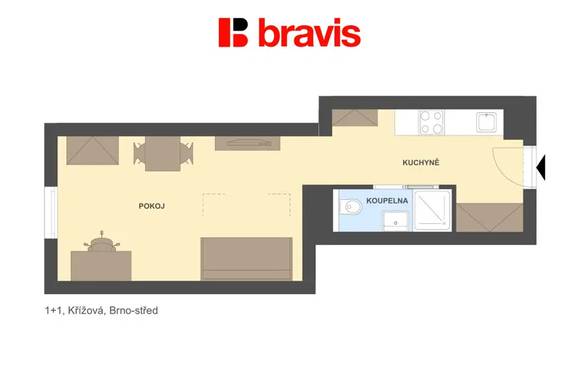 Pronájem bytu 1+1 30 m², Brno - Staré Brno, ulice Křížova - klidný vnitroblok v blízkosti Mendlova náměstí