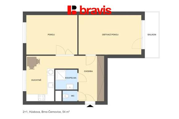 Pronájem bytu 2+1, Brno - Černovice, ul. Húskova, balkon
